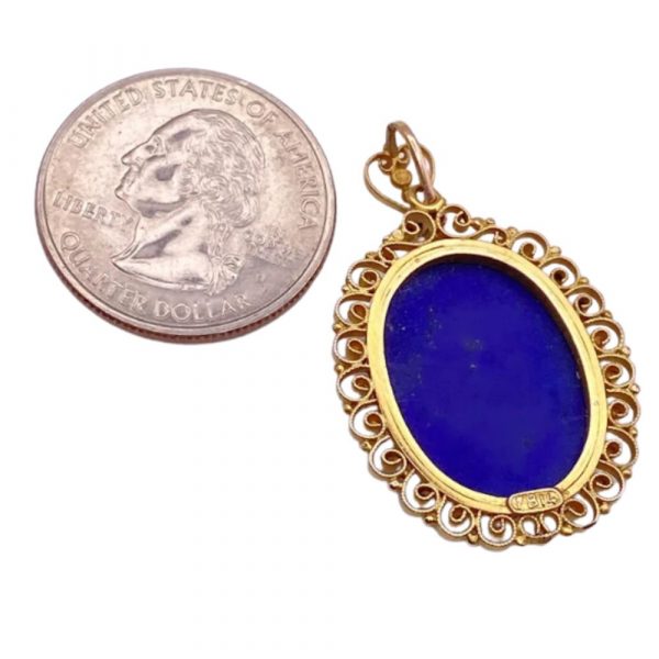 Lapis Lazuli Cabochon Pendant in 14K Gold Filigree Frame, Granulation Accent back and size comparison to a quarter