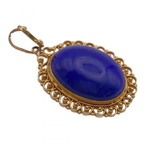 Lapis Lazuli Cabochon Pendant in 14K Gold Filigree Frame, Granulation Accent side