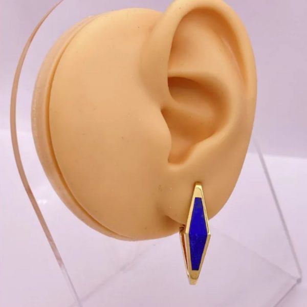 Lapis Lazuli Geometric Hoop Earrings 18K Gold, Vintage Designer Sidney Garber on ear