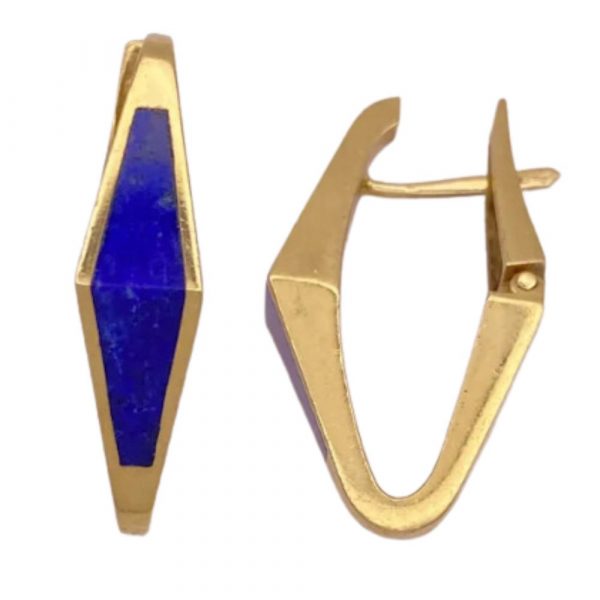 Lapis Lazuli Geometric Hoop Earrings 18K Gold, Vintage Designer Sidney Garber front and side