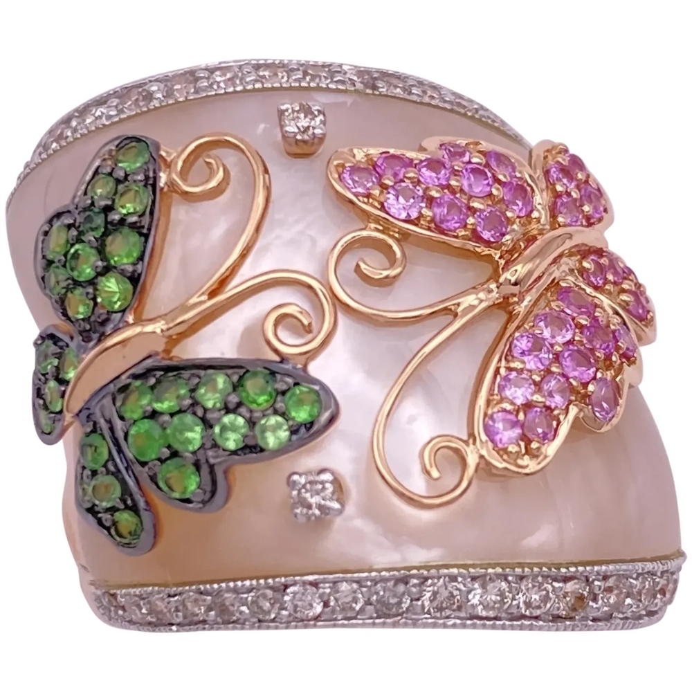 Butterfly Statement Ring 14K Rose Gold Diamond, Tsavorite, Morganite