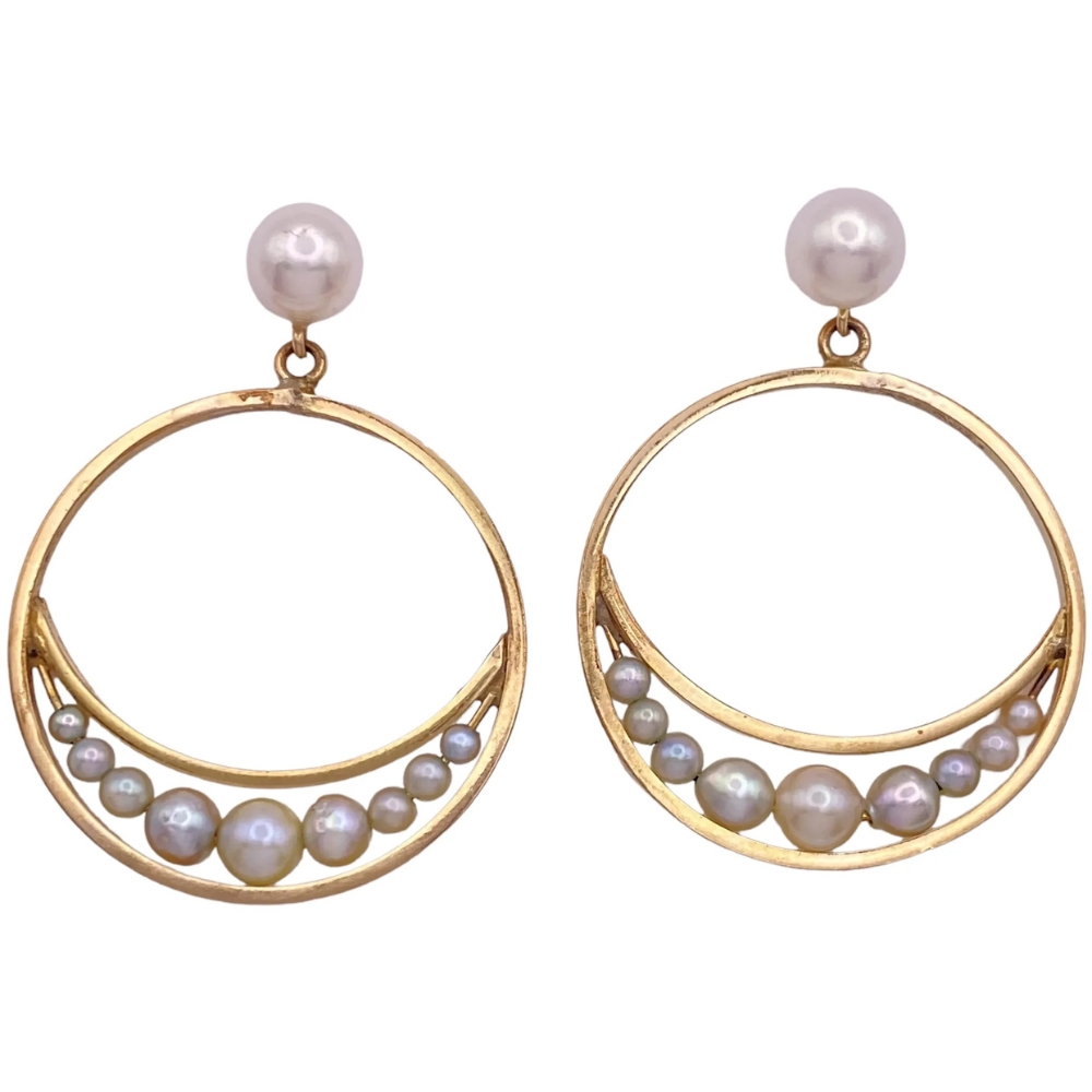 Pearl Door-Knocker Hoop Earrings 14K Gold, Crescent Moon Design