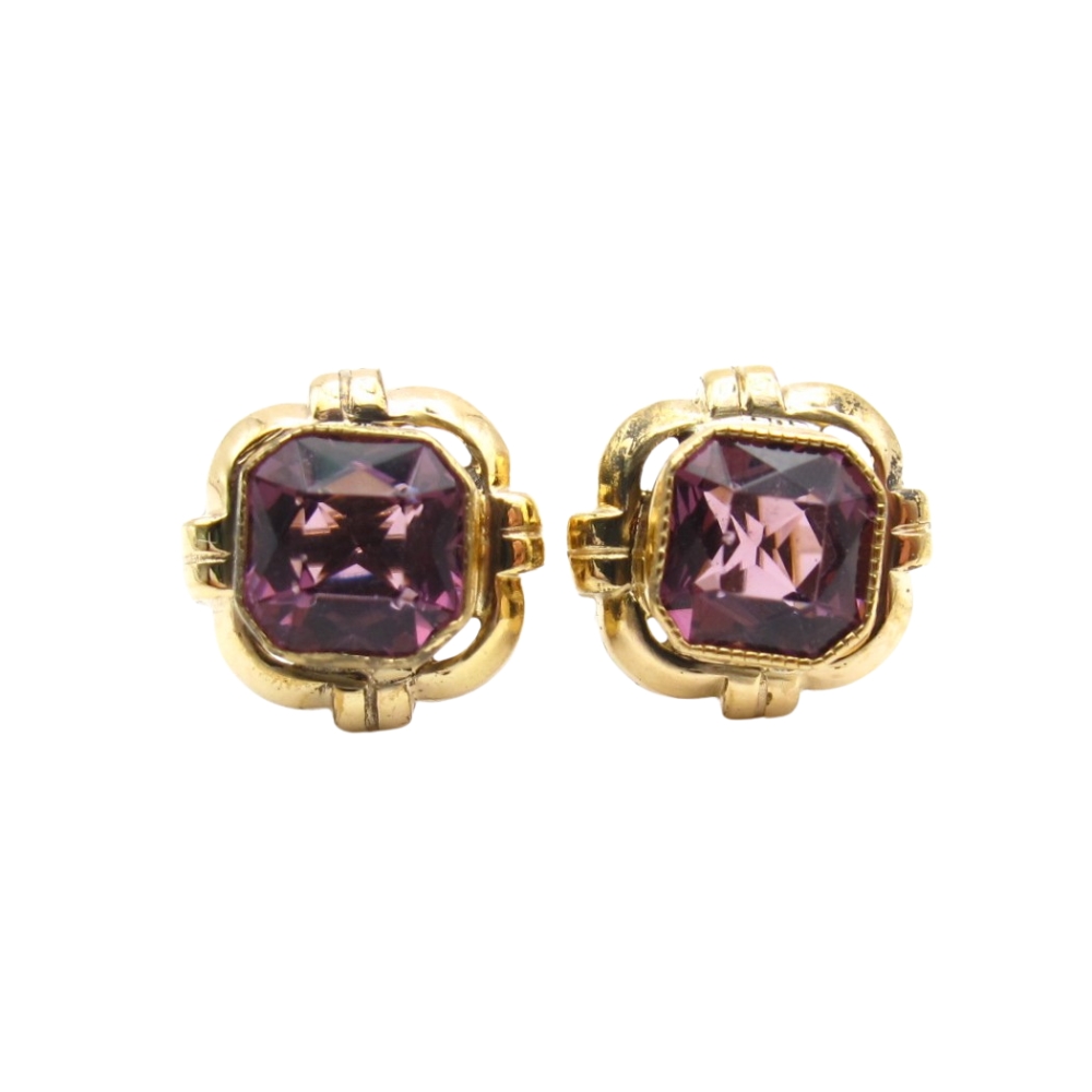1940’s Retro Radiant Cut Purple 2 ctw Earrings 14k Yellow Gold