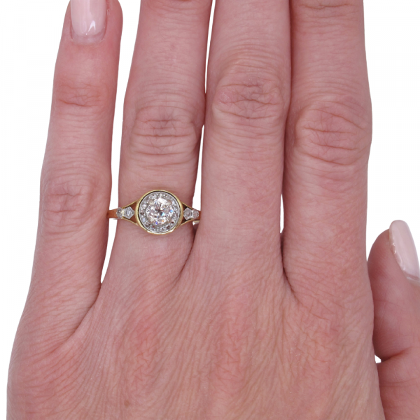 Victorian Cushion Diamond Halo Engagement Ring Worn