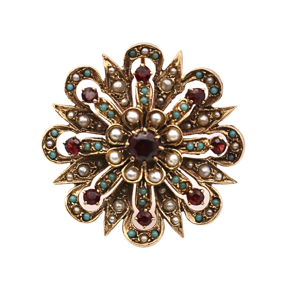 Victorian Garnet, Turquoise, and Seed Pearl Brooch Pendant 14K