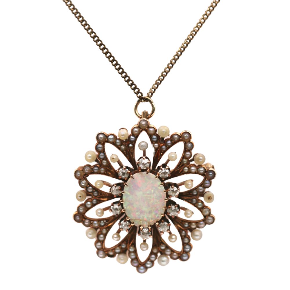 Victorian Opal, Diamond & Seed Pearl Brooch Necklace 14K