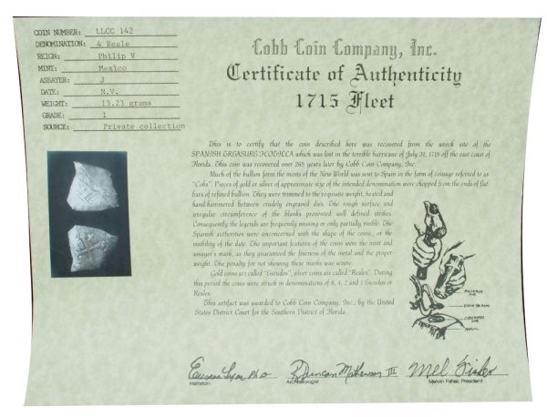 1715 Fleet Shipwreck 8 Reales with COA #142