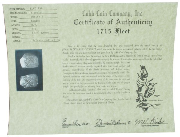 1715 Fleet Shipwreck 8 Reales with COA 156