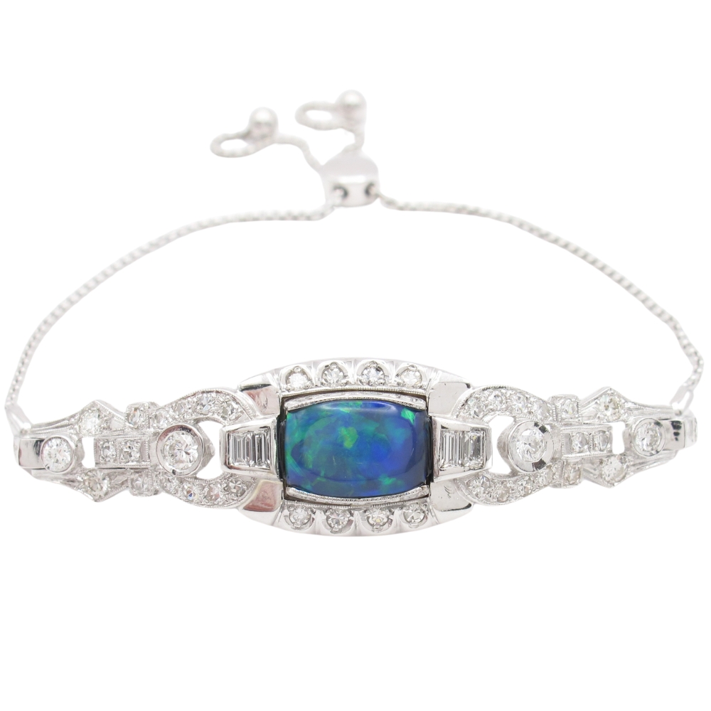 3.46ctw Art Deco Australian Black Opal & Diamond Bolo Bracelet 14K