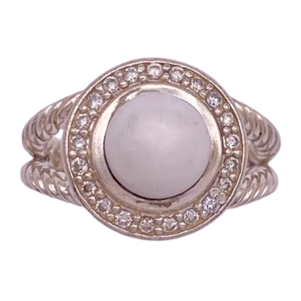 David Yurman White Agate Diamond Halo Cerise Ring Sterling Silver