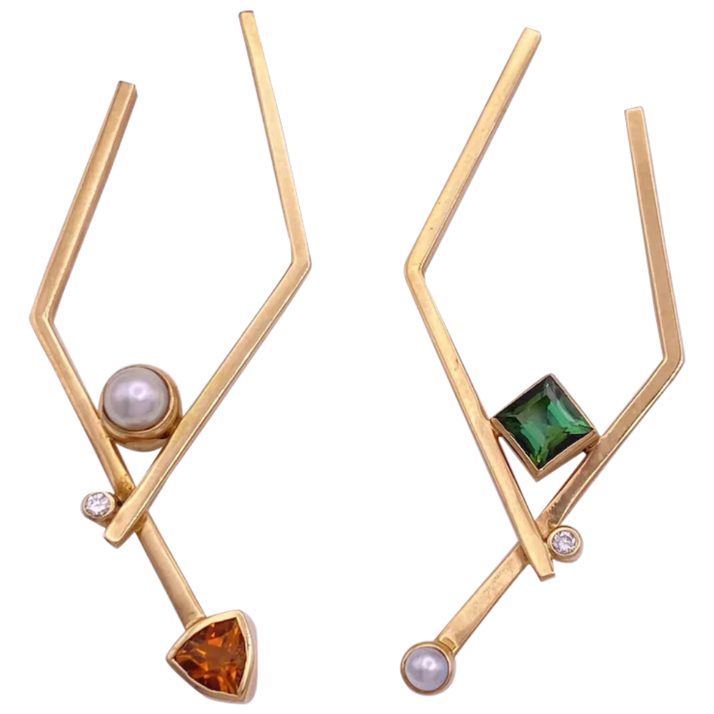Modernist Dangle Earrings 14K Gold Tourmaline, Citrine, Diamond Cultured Pearl