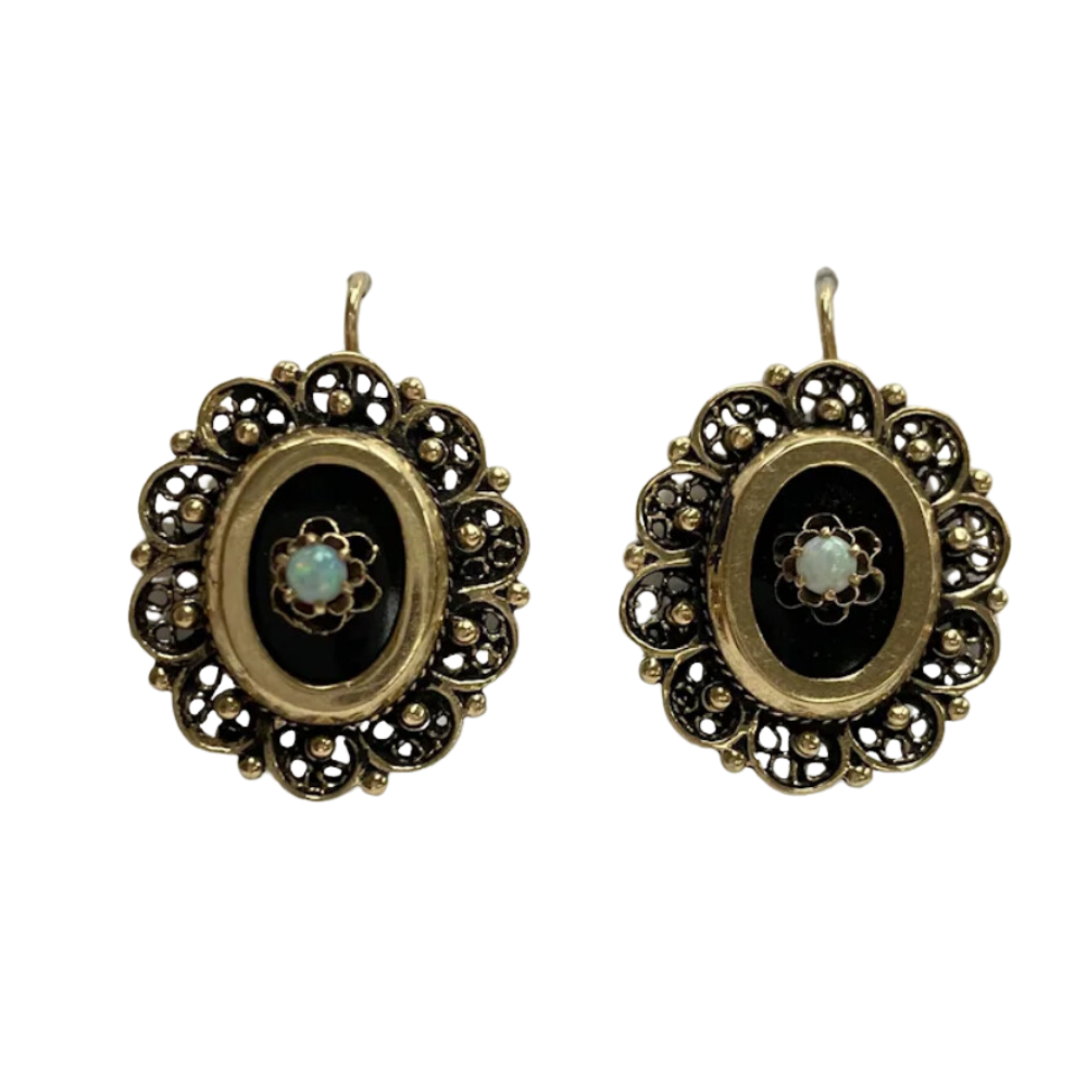 Victorian Revival Opal Onyx Drop Earrings 14K Yellow Gold