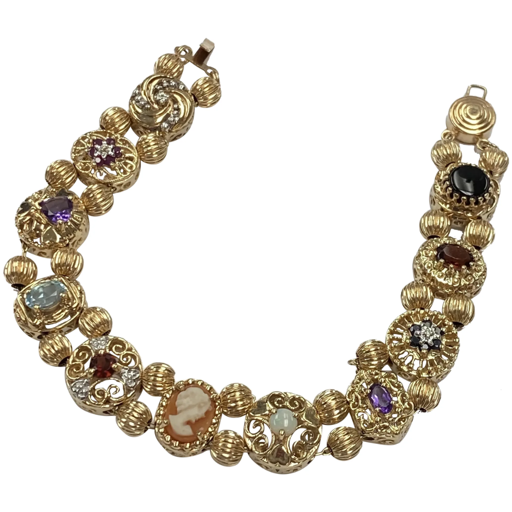 Victorian Revival Eleven Slide Bracelet Colorful Gemstones in 10K Gold