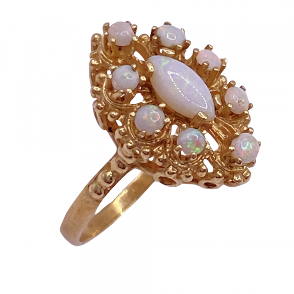 Victorian Revival Opal Cluster Navette Ring 14K Gold (1)