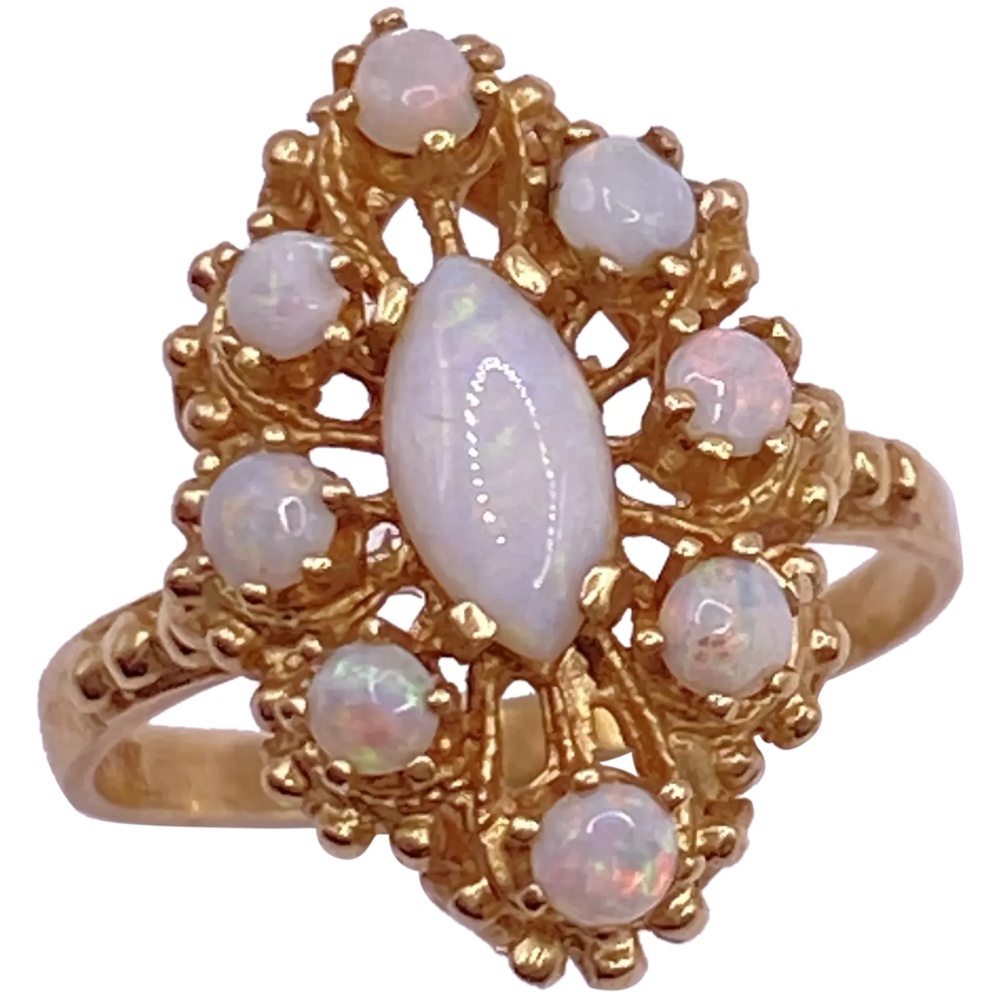 Victorian Revival Opal Cluster Navette Ring 14K Yellow Gold