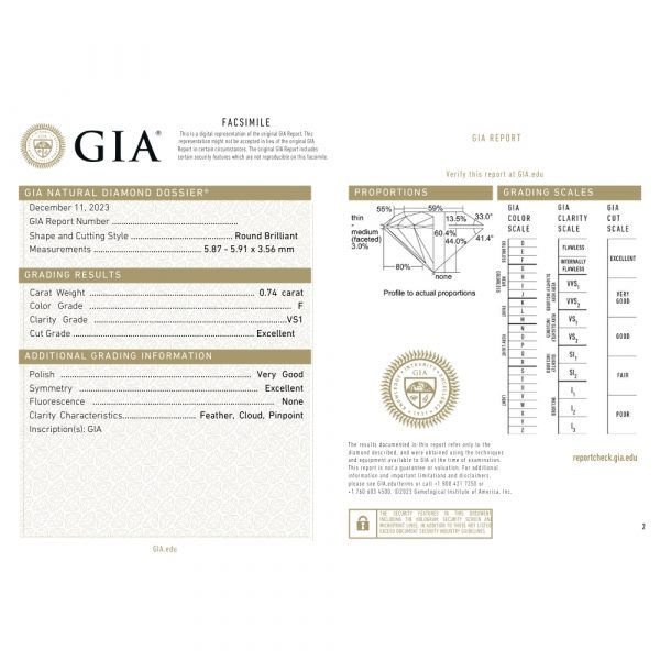 0.74ct VS1 F Round Brilliant GIA Certification