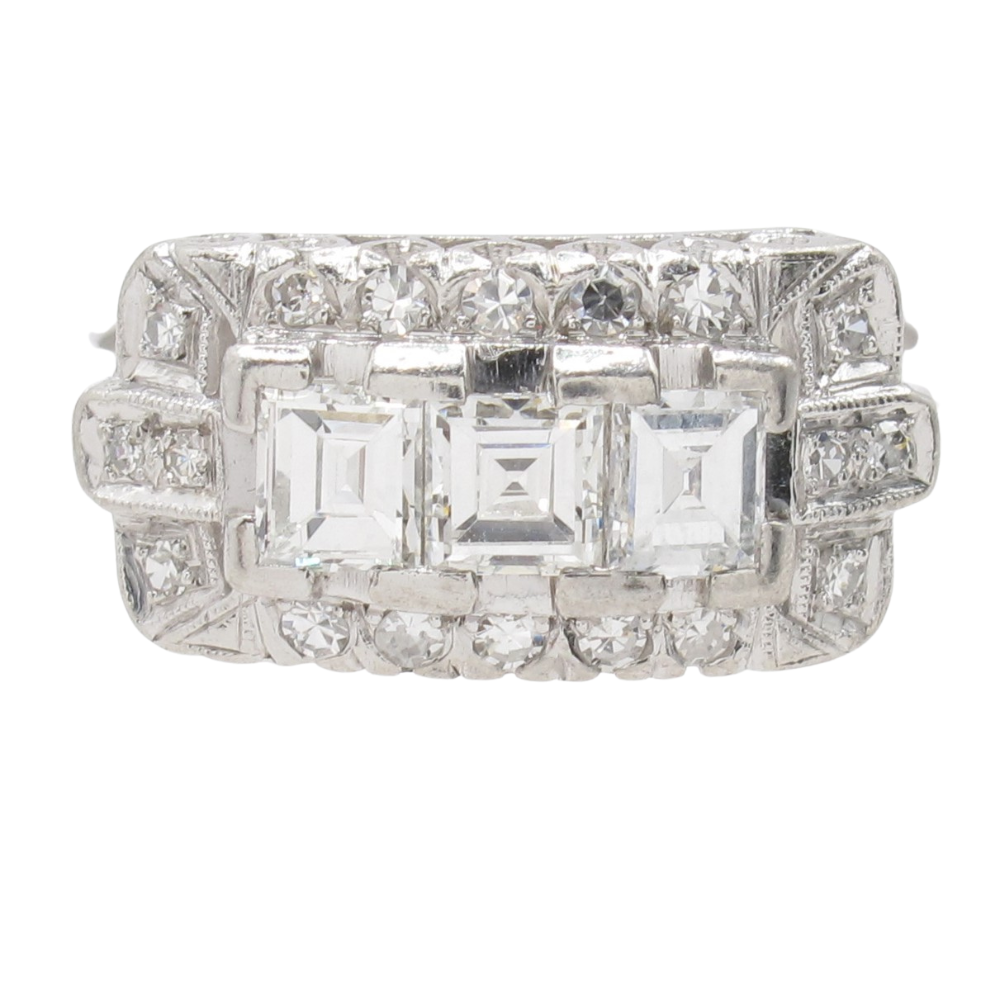 1920’s Art Deco Carre Cut Diamond Platinum Ring