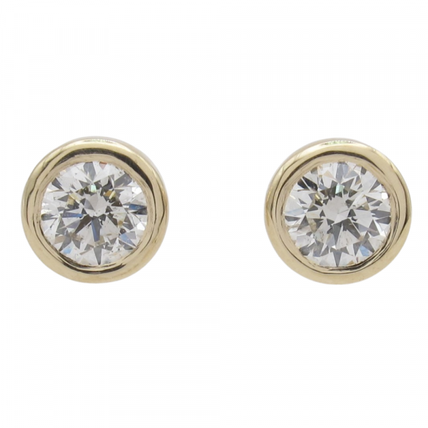 Bezel Round Diamond Stud Earrings Yellow Gold