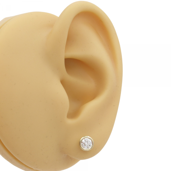 Bezel Round Diamond Stud Earrings Yellow Gold Worn