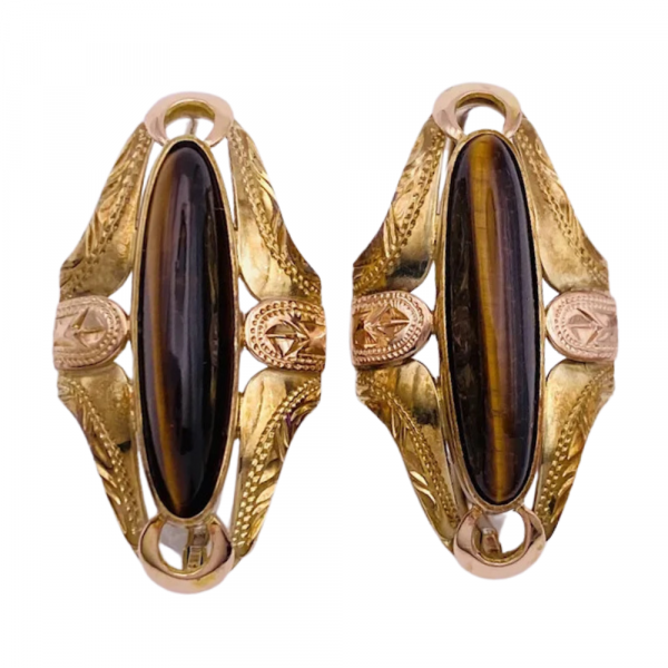 Elongated Tiger's Eye Earrings 14K Yellow & Rose Gold (2)