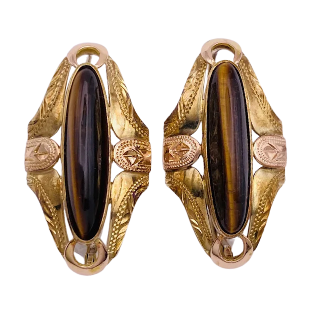 Elongated Tiger’s Eye Earrings 14K Yellow & Rose Gold