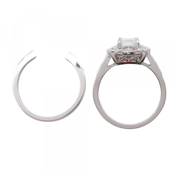 Emerald Diamond Baguette Halo Engagement Ring White Gold Profile