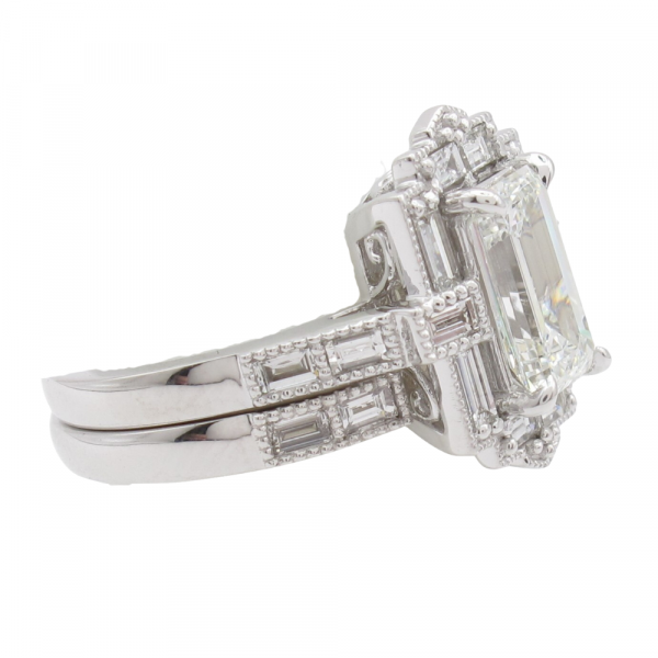 Emerald Diamond Baguette Halo Engagement Ring White Gold Side