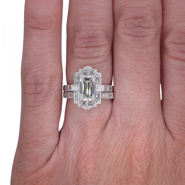 Emerald Diamond Baguette Halo Engagement Ring White Gold Worn