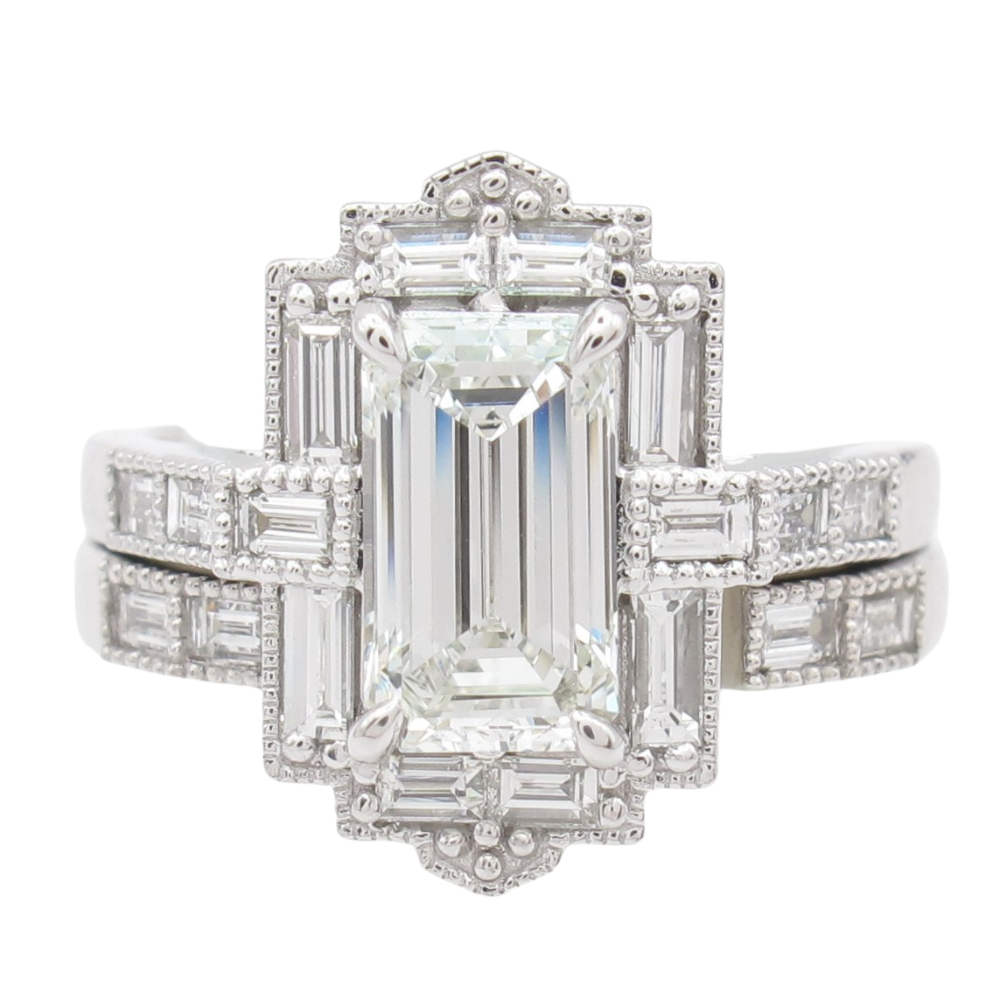 1.24ct Emerald Cut Diamond with Baguette Halo Engagement Ring Set 14k