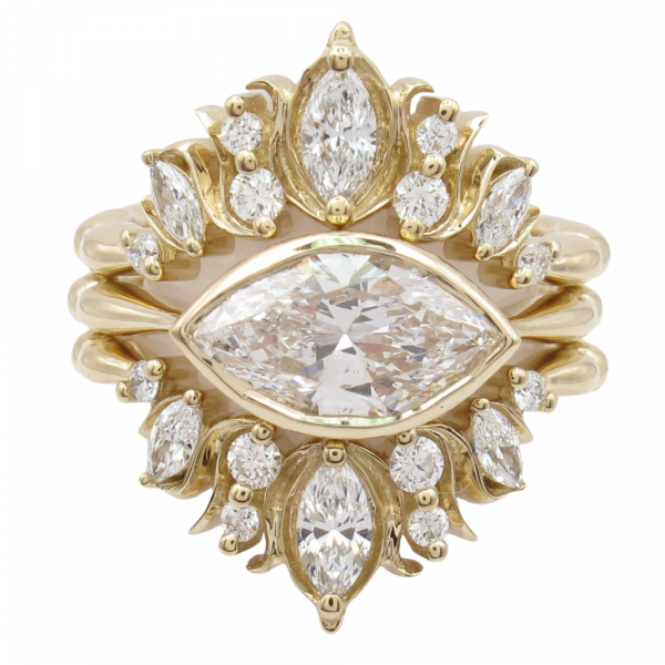 Marquise Bezel Diamond Engagement Ring Curved Bohemian Bands Yellow Gold