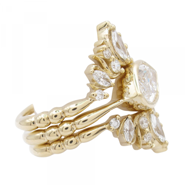 Marquise Bezel Diamond Engagement Ring Curved Bohemian Bands Yellow Gold Side (1)