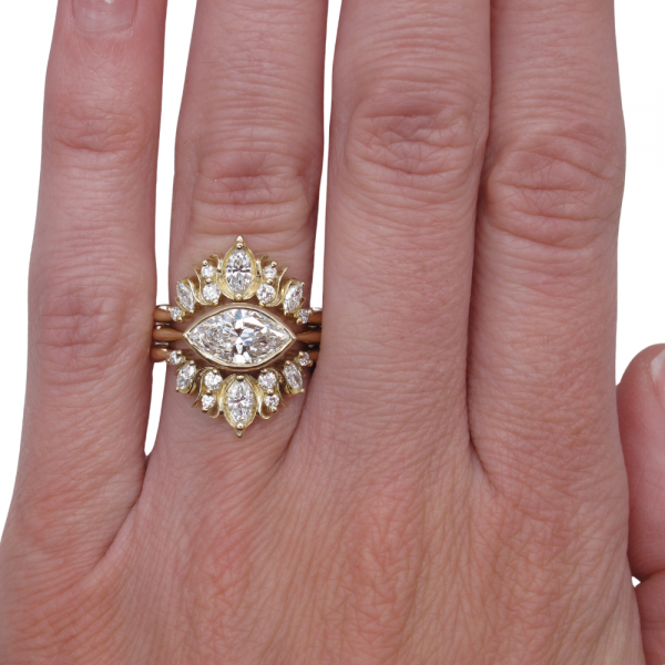 Marquise Bezel Diamond Engagement Ring Curved Bohemian Bands Yellow Gold Worn Set
