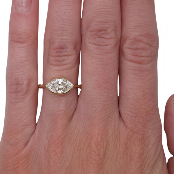 Marquise Bezel Diamond Engagement Ring Curved Bohemian Bands Yellow Gold Worn Solitaire