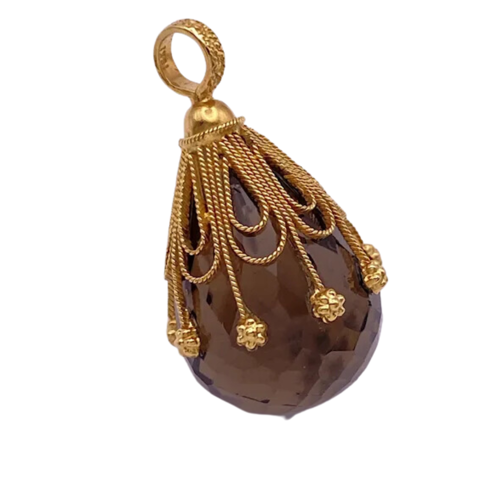 Smoky Quartz Briolette Pendant 18K Yellow Gold