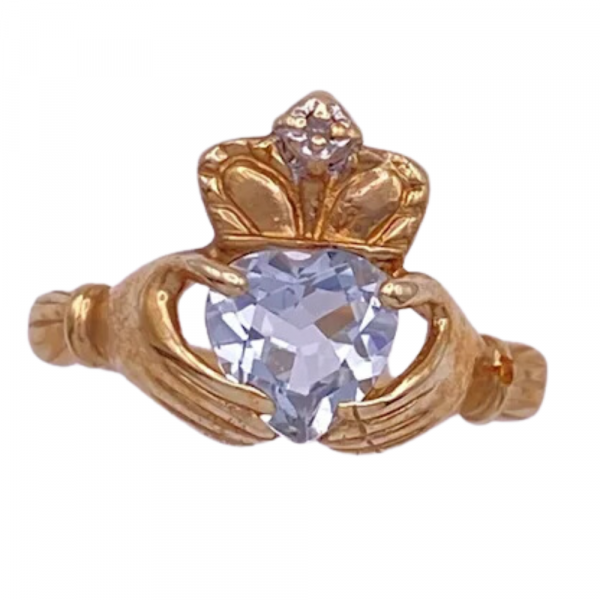 Blue Topaz and Diamond Celtic Claddagh Ring 10K Gold