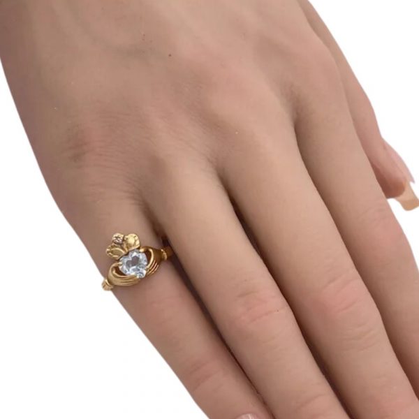 Blue Topaz and Diamond Celtic Claddagh Ring 10K Gold on hand