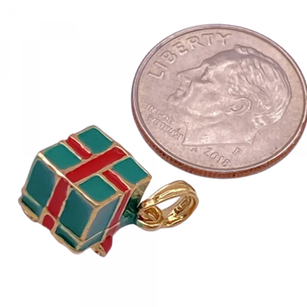Christmas Present Charm 14K Gold Colorful Enamel Bow Topped Gift Box (1)