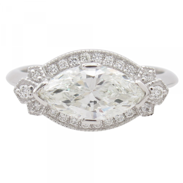 1.28ctw Art Deco Inspired Marquise Halo Diamond Engagement Ring 14k White Gold Front