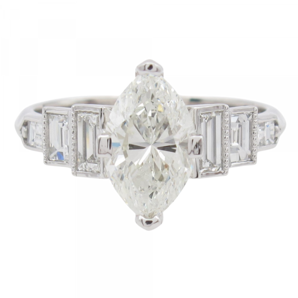 1.90ctw Art Deco Inspired Marquise & Baguette Diamond Engagement Ring GIA Certified 14k White Gold Front