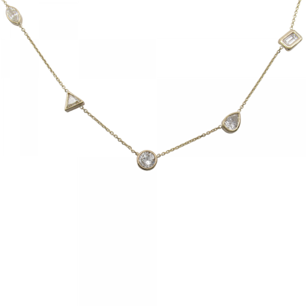 Fancy Cut Diamond Station Necklace 3 carats Yellow Gold close