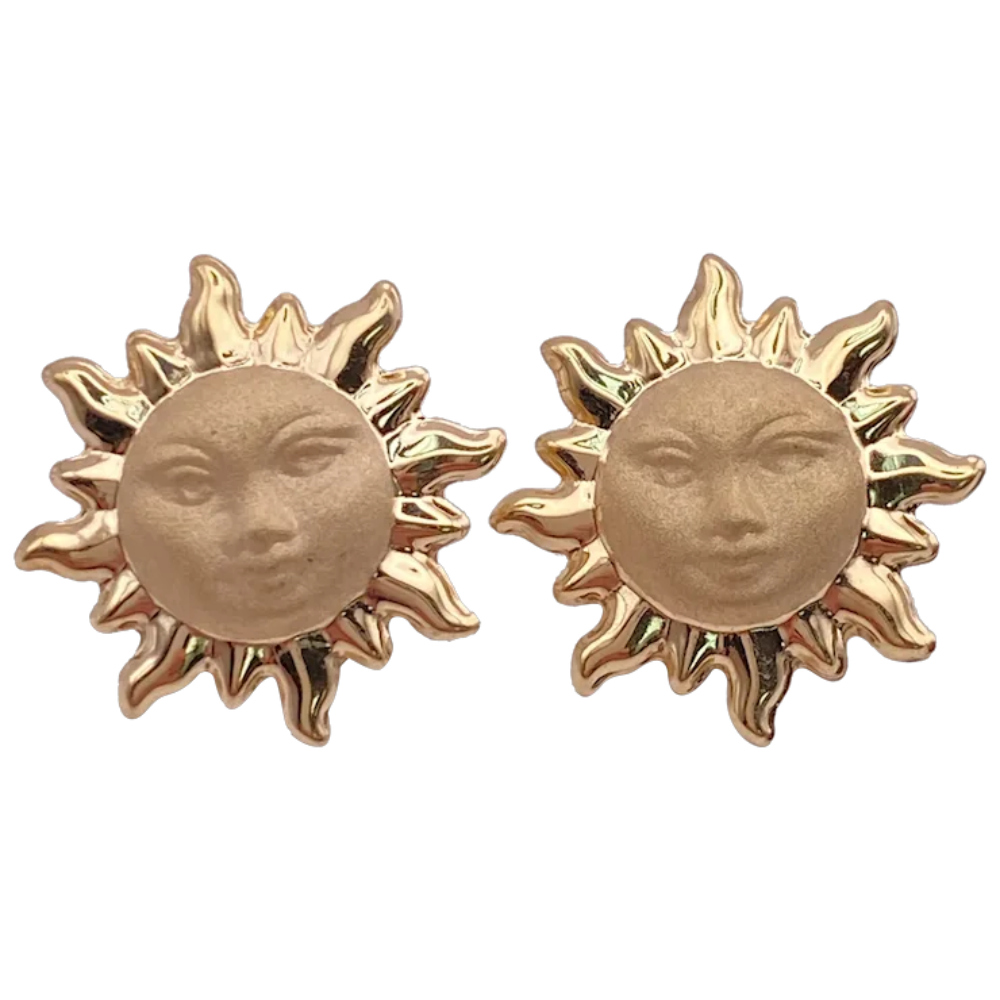 Benevolent Face SUN Button Stud Earrings 14K Gold