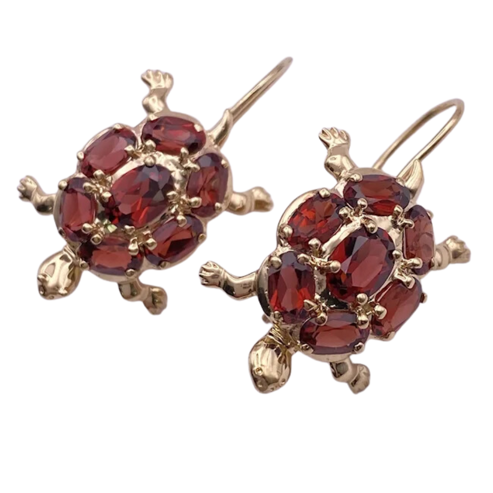 5.44ctw Garnet Tortoise or Turtle Dangle Earrings 14K