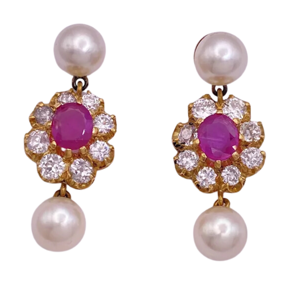 6.68ctw Diamond Halo Ruby & Pearl Dangle Earrings 14K