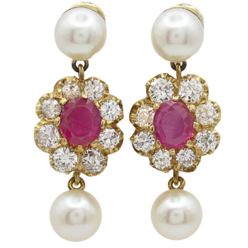6.68ctw Diamond Halo Ruby & Pearl Dangle Vintage Earrings 14K front