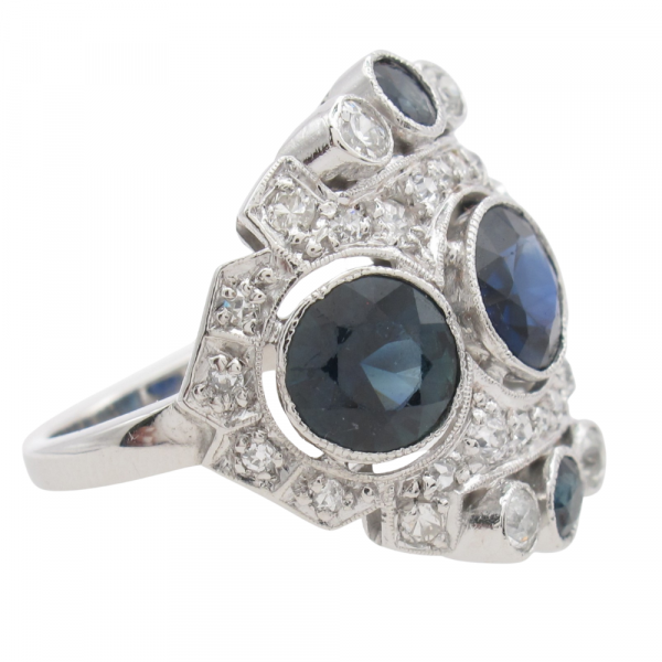 Art Deco 4 carat Sapphire Diamond Ring Statement Side