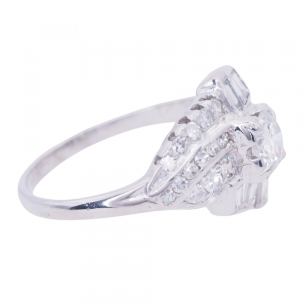 Art Deco Round Baguette Diamond Engagement Ring 1 Carat Side