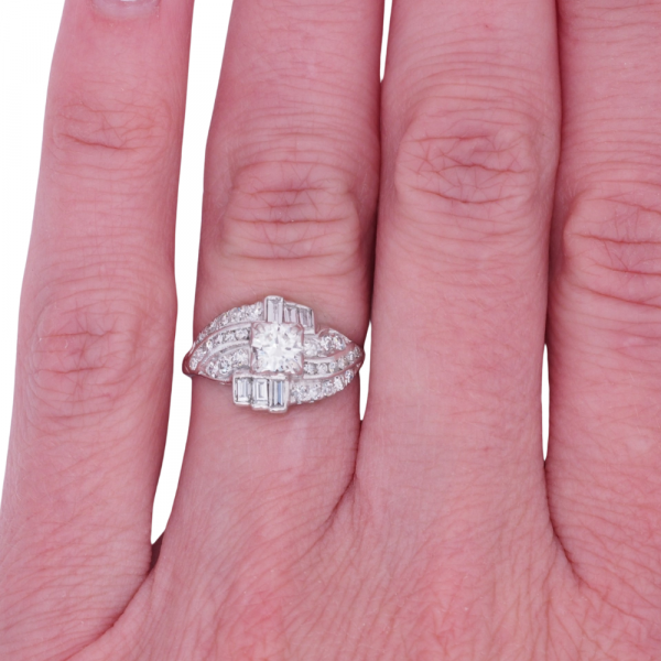 Art Deco Round Baguette Diamond Engagement Ring 1 Carat Worn