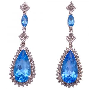 Dangle Earrings 14K White Gold Blue Topaz and Diamond 8.15 Carats TGW