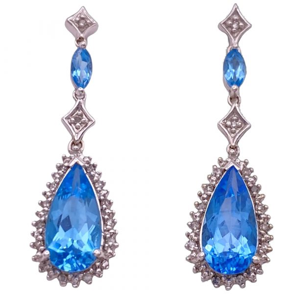 Dangle Earrings 14K White Gold Blue Topaz and Diamond 8.15 Carats TGW