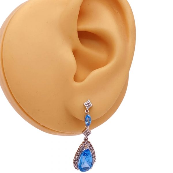 Dangle Earrings 14K White Gold Blue Topaz and Diamond 8.15 Carats TGW Worn